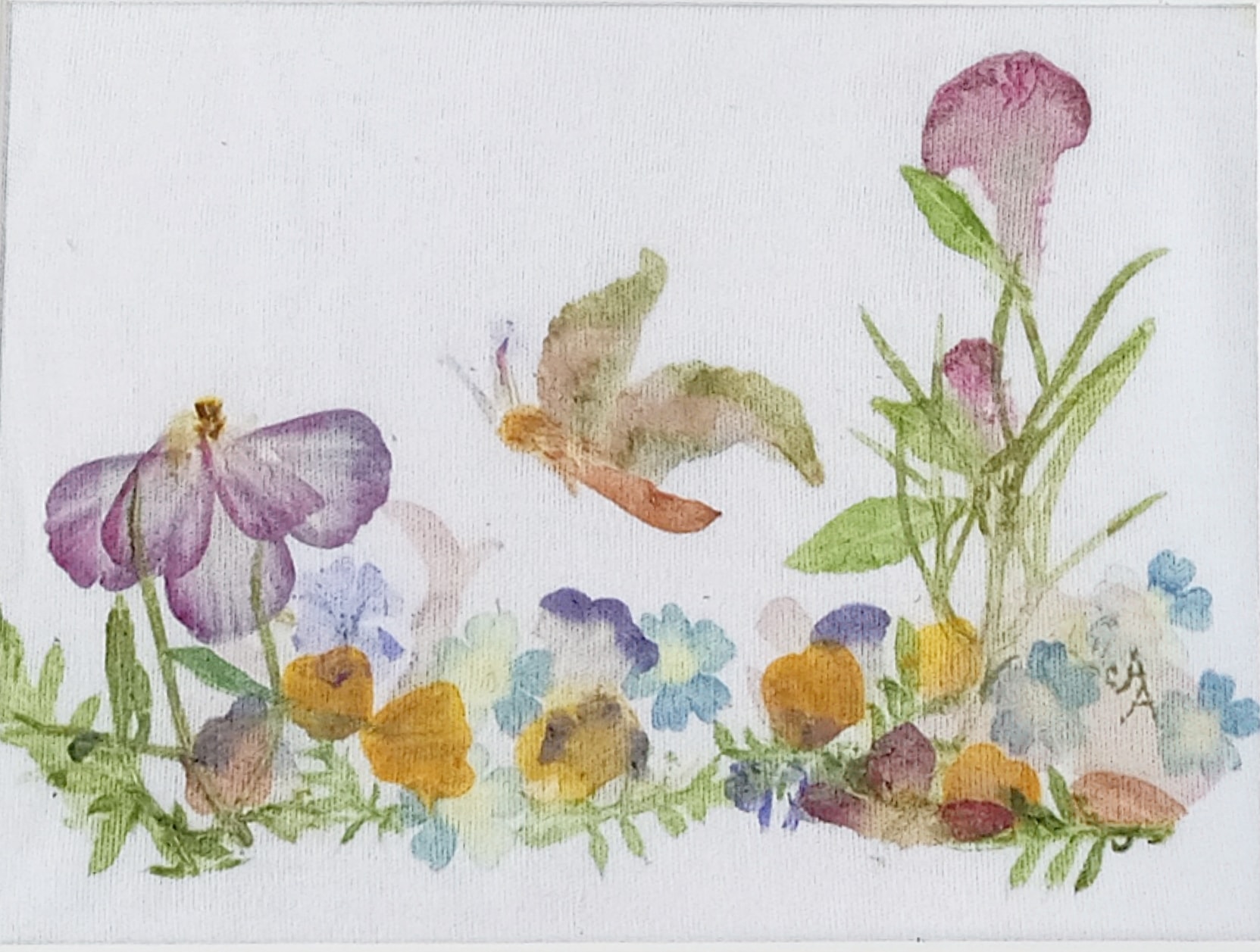 Butterfly Garden II — companion botanical pounding artwork on mordanted combed cotton with a butterfly and floral garden motifs