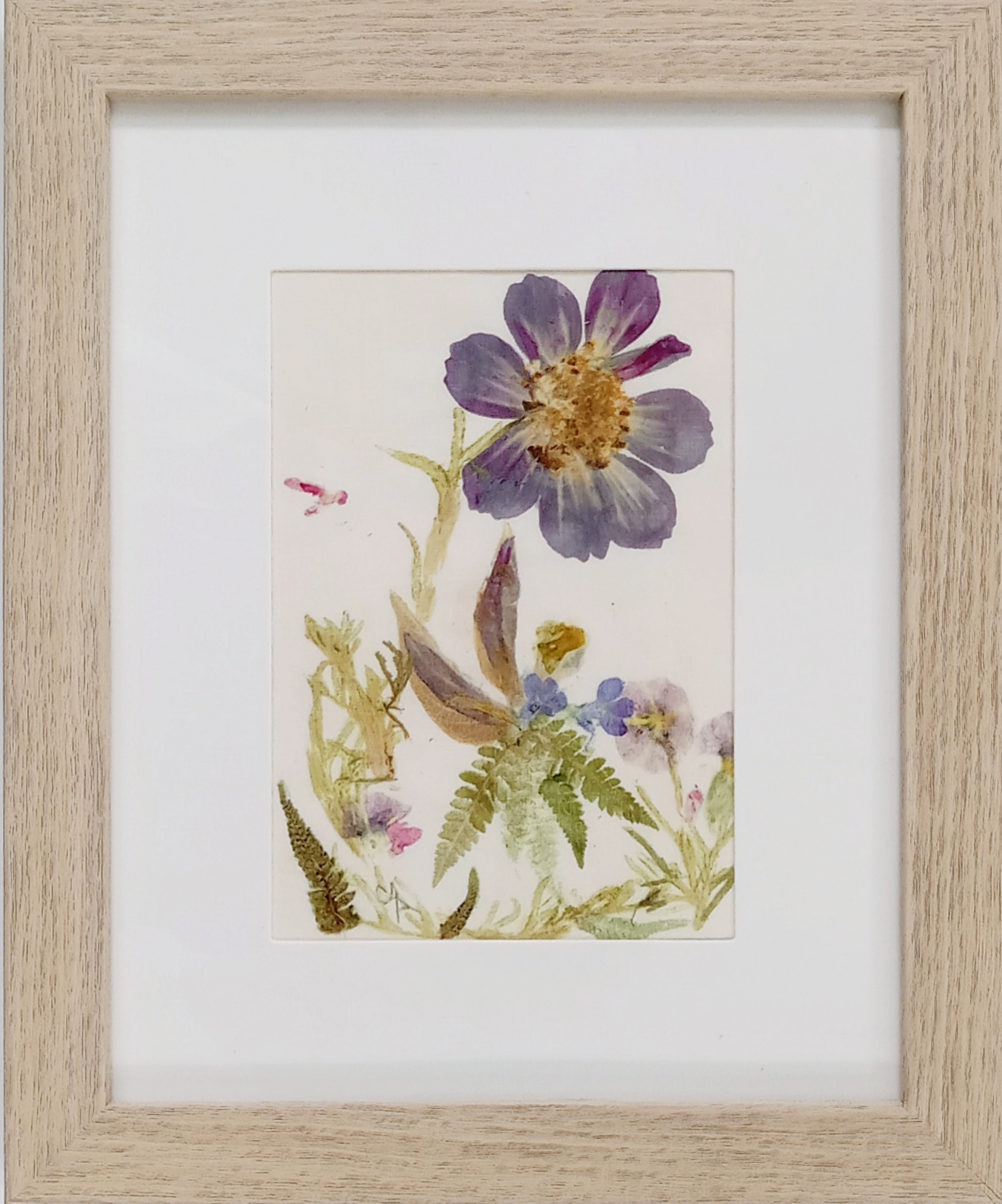Hidden Angel I — framed botanical pounding artwork on mordanted muslin with a purple flower, foliage, and delicate floral details