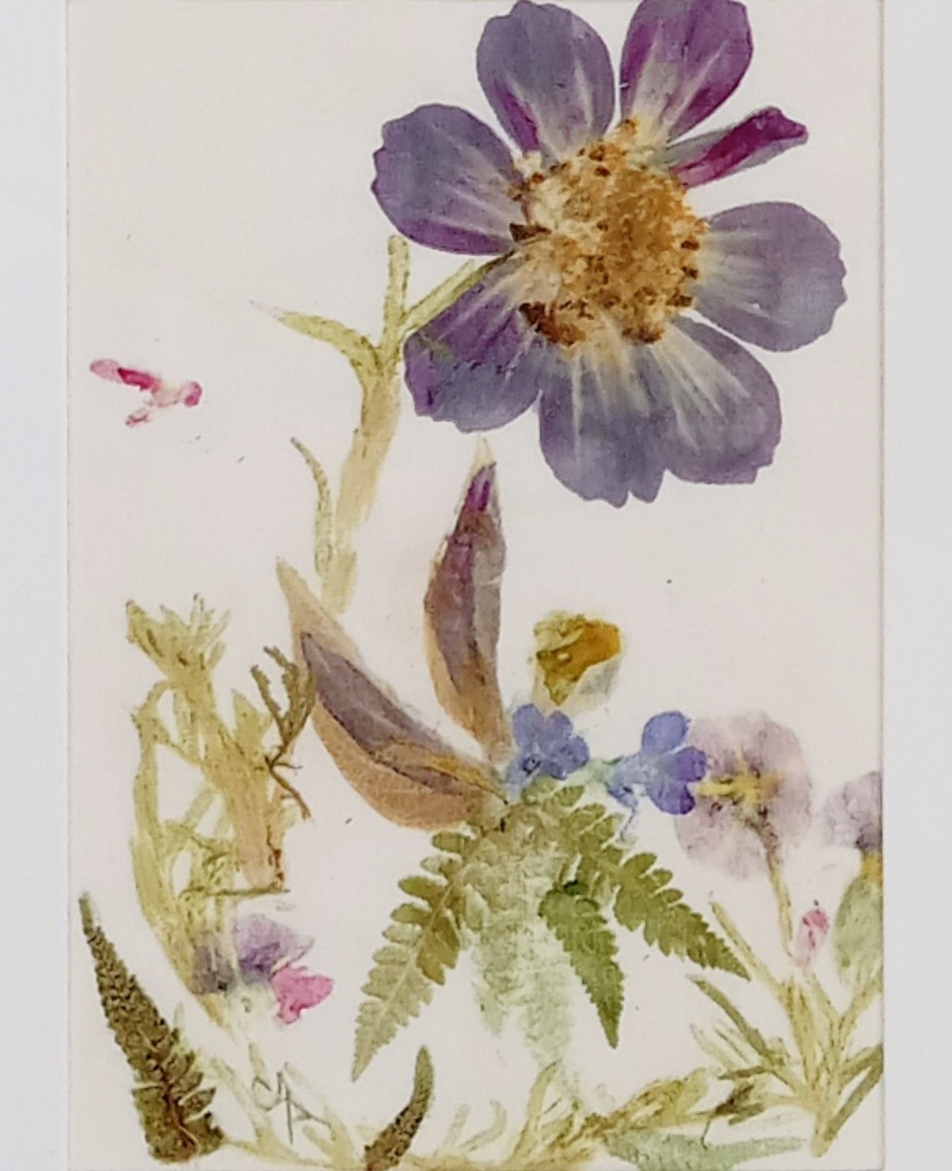 Delicate botanical flower-pounding artwork with purple and pink blooms